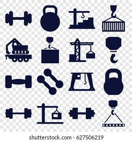 Lifting icons set. set of 16 lifting filled icons such as construction crane, hook, hook with cargo, barbell, cargo crane, cargo on hook, construction  crane, kettle