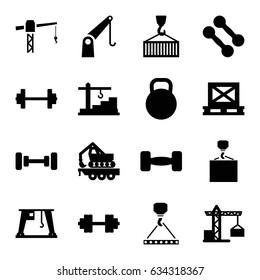 Lifting icons set. set of 16 lifting filled icons such as construction crane, barbell, hook with cargo, cargo on palette, construction  crane, kettle, barbell   isolated