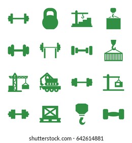 Lifting icons set. set of 16 lifting filled icons such as construction crane, barbell, hook, hook with cargo, cargo on palette, construction  crane