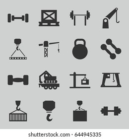 Lifting icons set. set of 16 lifting filled icons such as barbell, construction crane, hook, hook with cargo, cargo on palette, construction  crane, kettle, barbell   isolated