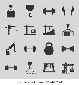 Lifting icons set. set of 16 lifting filled icons such as construction crane, barbell, hook, hook with cargo, cargo on hook, cargo crane, construction  crane