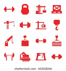 Lifting icons set. set of 16 lifting filled icons such as construction crane, hook, hook with cargo, barbell, cargo on palette, construction  crane