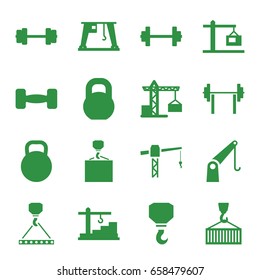 Lifting icons set. set of 16 lifting filled icons such as construction crane, hook, hook with cargo, barbell, cargo on hook, cargo crane, construction  crane