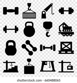 Lifting icons set. set of 16 lifting filled icons such as barbell, hook 
