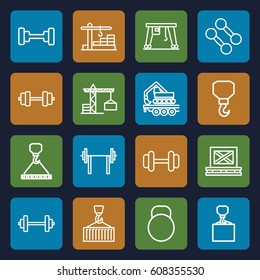 Lifting icons set. set of 16 lifting outline icons such as construction crane, barbell, hook, hook with cargo, cargo on palette, construction  crane, kettle