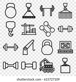 Lifting icons set. set of 16 lifting outline icons such as barbell, hook, hook with cargo, cargo on palette, construction  crane, kettle