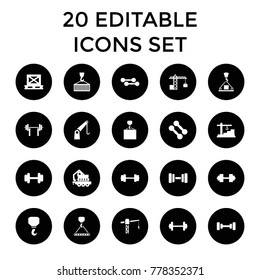 Lifting icons. set of 20 editable filled lifting icons such as barbell, construction crane, hook, hook with cargo, dumbbell. best quality lifting elements in trendy style.