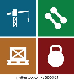 Lifting icons set. set of 4 lifting filled icons such as construction crane, cargo on palette, kettle
