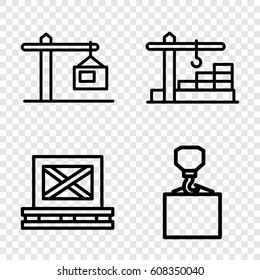 Lifting icons set. set of 4 lifting outline icons such as hook with cargo, cargo on palette