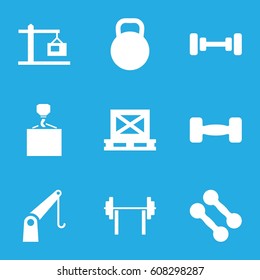 Lifting icons set. set of 9 lifting filled icons such as barbell, hook with cargo, cargo on palette, cargo crane, construction  crane, kettle