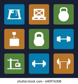 Lifting icons set. set of 9 lifting filled icons such as hook with cargo, barbell, cargo on palette, cargo crane, construction  crane