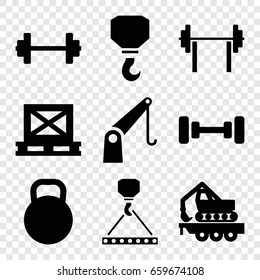 Lifting icons set. set of 9 lifting filled icons such as barbell, hook, hook with cargo, cargo on palette, cargo crane