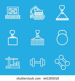 Lifting icons set. set of 9 lifting outline icons such as hook with cargo, barbell, cargo on palette, construction  crane, kettle