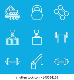 Lifting icons set. set of 9 lifting outline icons such as hook with cargo, barbell, cargo crane, cargo on hook