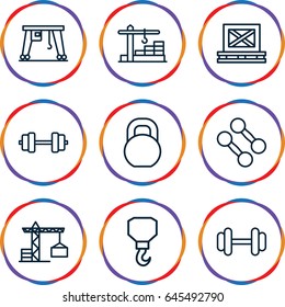 Lifting icons set. set of 9 lifting outline icons such as construction crane, hook, barbell, cargo on palette, cargo crane, construction  crane