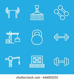 Lifting icons set. set of 9 lifting outline icons such as construction crane, barbell, cargo on palette, cargo on hook