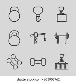 Lifting icons set. set of 9 lifting outline icons such as construction crane, hook, hook with cargo, barbell, cargo on hook, kettle