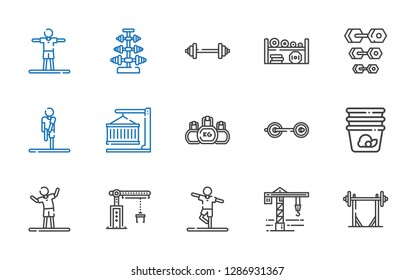 lifting icons set. Collection of lifting with barbell, crane, stretching, container, kettlebell, dumbbell, weight. Editable and scalable lifting icons.