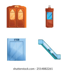 Vector de dibujos animados de conjunto de iconos de instalación de elevación. Escalera mecánica y varios ascensores. Ascensor de pasajeros y escalera