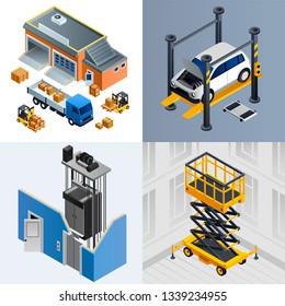 Lifting machine banner set. Isometric set of lifting machine vector banner for web design