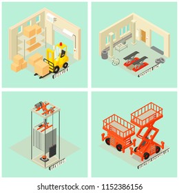 Lifting machine equipment icons set. Isometric illustration of 25 lifting machine equipment cargo vector icons for web