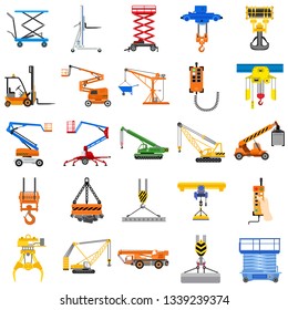 Lifting machine icon set. Flat set of lifting machine vector icons for web design