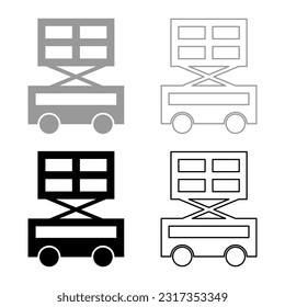 Lifting machine scissor lift platform self propelled set icon grey black color vector illustration image solid fill outline contour line thin flat style