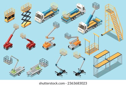 Lifting machinery for height work isometric set of scissors lifts engine powered booms high rise staircases isolated vector illustration