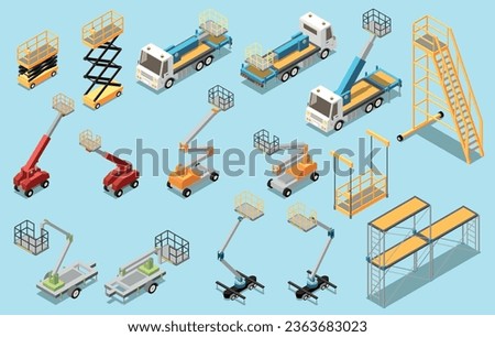 Lifting machinery for height work isometric set of scissors lifts engine powered booms high rise staircases isolated vector illustration