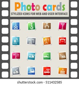 lifting machines web icons on color photo cards for user interface