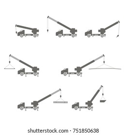 Lifting mobile crane with lifting elements of various loads. Icon set. Isolated vector on a white background.