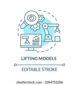 Lifting models turquoise concept icon. Digital twin abstract idea thin line illustration. Professional checkup. Isolated outline drawing. Editable stroke. Roboto-Medium, Myriad Pro-Bold fonts used