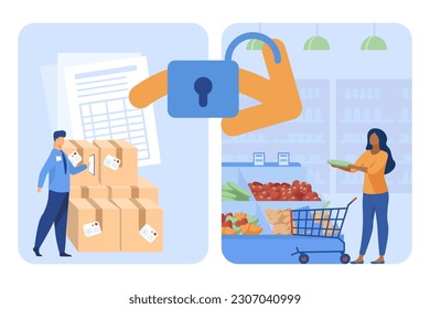 Lifting restrictions on food import vector illustration. Transporting product supplies to supermarkets, sanctions or ban cancellation. Agriculture, transportation, food, commerce concept