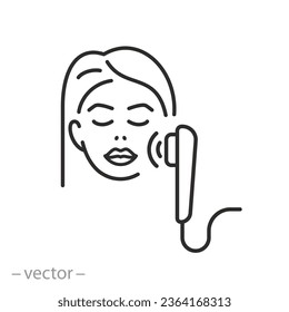 icono de la cara de la piel de elevación, masajeador de vibración facial, símbolo de línea delgada - ilustración del vector de trazo editable