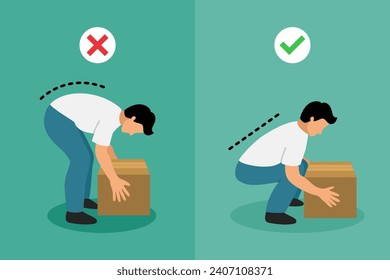 Lifting technique ergonomic for correct posture preventing back pain. Flat design illustration.