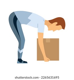 Lifting technique safe movement. Safety. Incorrect instruction for moving heavy packages for workers. Ergonomic movement for loading objects vector flat illustration