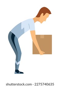 Lifting technique safe movement. Safety. Incorrect instruction for moving heavy packages for workers. Ergonomic movement for loading objects vector flat illustration