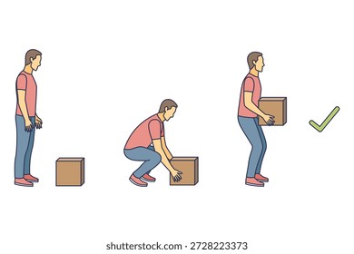Técnica de elevación de movimiento seguro. Seguridad. Instrucción correcta para mover paquetes pesados para los trabajadores. Movimiento ergonómico para cargar objetos Vector ilustración plana