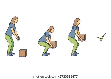 Técnica de elevación de movimiento seguro. Seguridad. Instrucción correcta para mover paquetes pesados para los trabajadores. Movimiento ergonómico para cargar objetos Vector ilustración plana