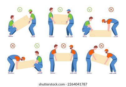 Lifting technique. Safe posture lifted-up and squat heavy cargo, correct techniques work with heaviness, carrying back weight lift or load large box, splendid vector illustration of safe and technique