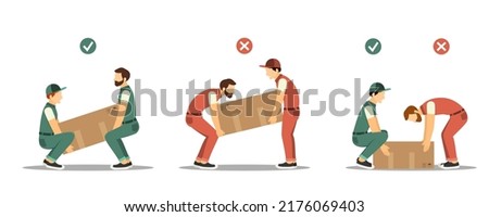 lifting technique. workers load heavy boxes safety and body ergonomic positions. Vector illustrations in cartoon style