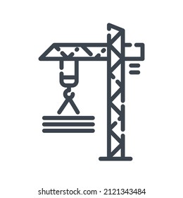 Lifting tower crane. Construction line icon side view isolated on white transparent background. Symbol of construction industry.