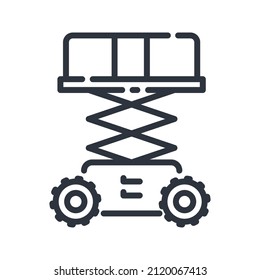 Lifting tower vehicle construction line icon side view isolated on white transparent background. Symbol of construction industry.
