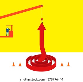 Lifting up! / A businessman lifts up an arrow  by crane.