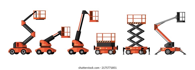 Lifting vehicles. industrial mashine with lifting platforms for builders telescopic and hydraulic cars. Vector cartoon illustrations