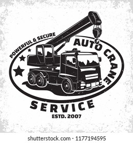 Lifting work logo design, emblem of crane machine rental organisation print stamps, constructing equipment, Heavy crane machine typographyv emblem, Vector