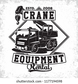 Lifting work logo design, emblem of crane machine rental organisation print stamps, constructing equipment, Heavy crane machine typographyv emblem, Vector