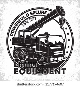 Lifting work logo design, emblem of crane machine rental organisation print stamps, constructing equipment, Heavy crane machine typographyv emblem, Vector