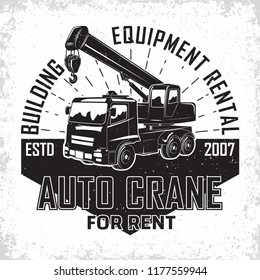 Lifting work logo design, emblem of crane machine rental organisation print stamps, constructing equipment, Heavy crane machine typographyv emblem, Vector