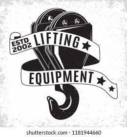 Lifting work logo design, emblem of crane machine rental organisation print stamps, constructing equipment, Heavy crane machine typographyv emblem, Vector